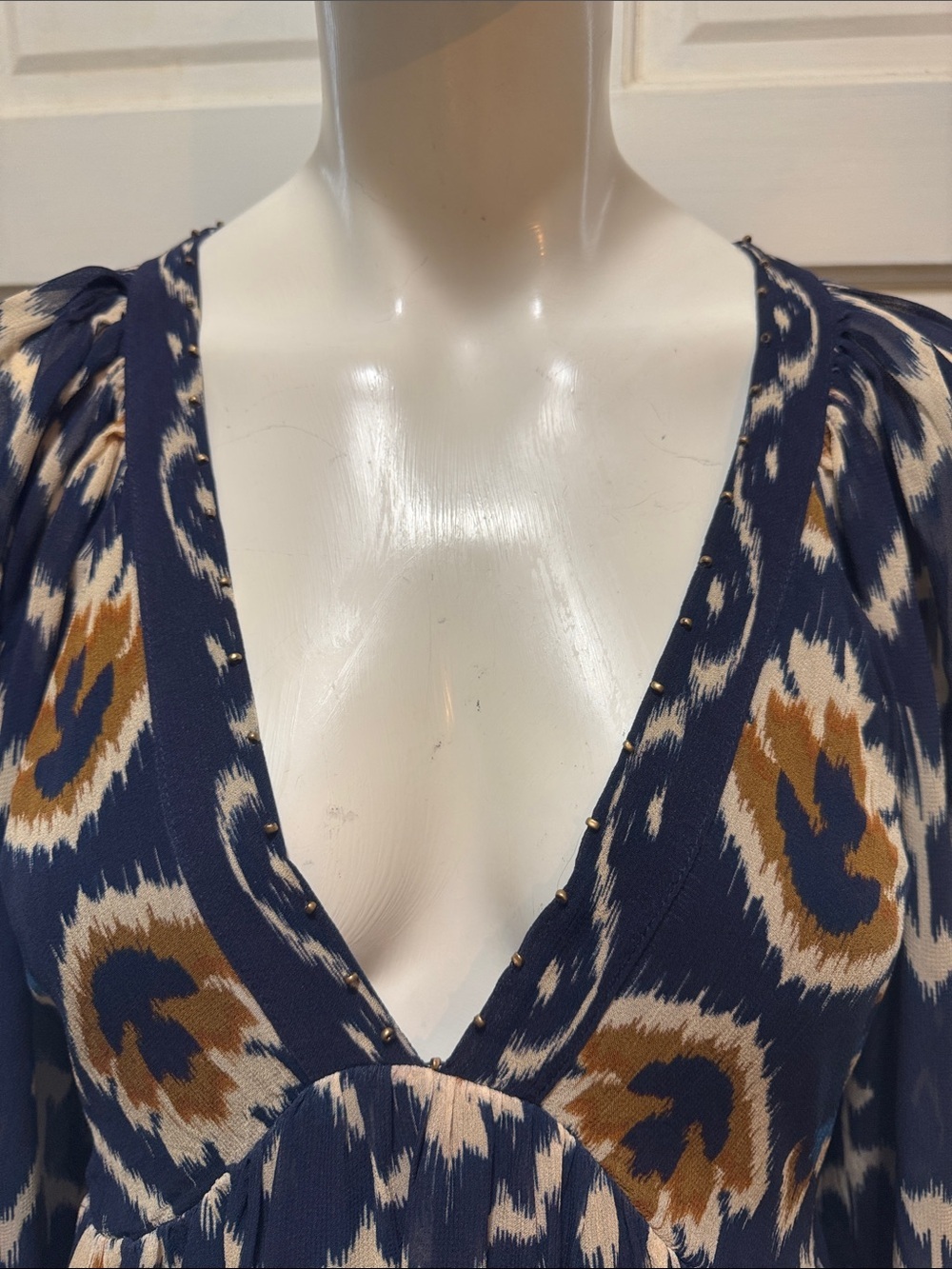 FARM Rio Pineapple Blue Ikat Maxi Dress Boho Long Sleeve Altered Length Small - Picture 5 of 16